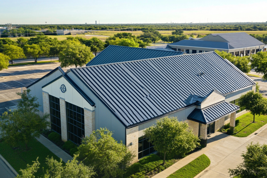 Wide shot of a commercial building showcasing a finished roof.