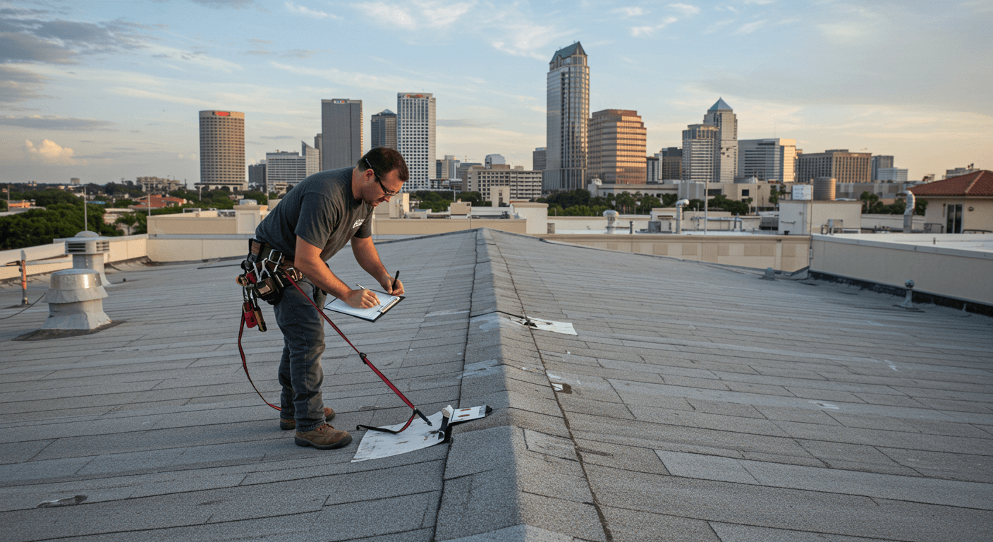 A roofing expert performing an inspection on a commercial building in Tampa, checking for wear and damage.