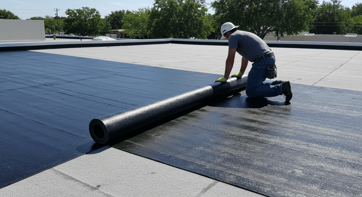Roofing professional installing EPDM rubber roofing on a low-slope commercial building in Tampa.