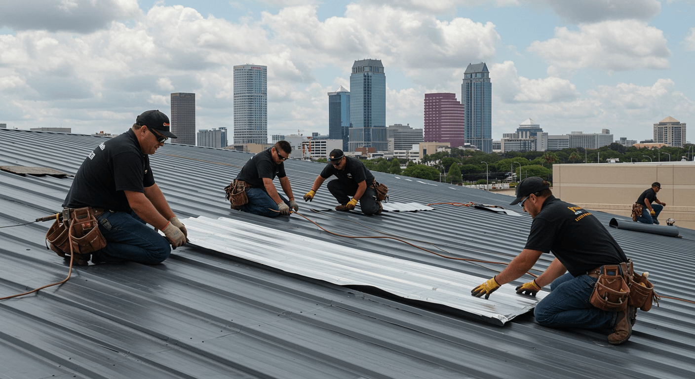 Roofing professionals installing a durable metal roof on a commercial building in Tampa.