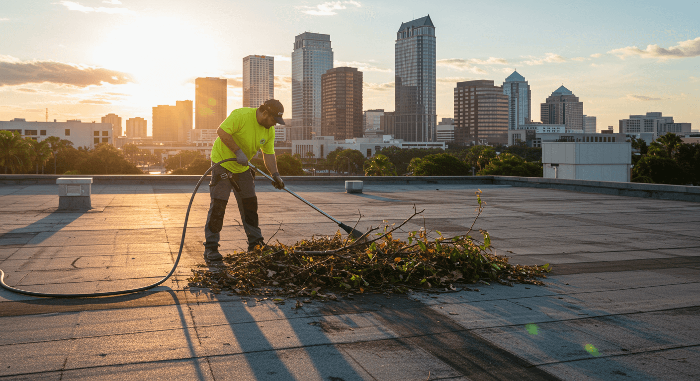 Roofing technician performing preventative maintenance by clearing debris on a commercial roof in Tampa.