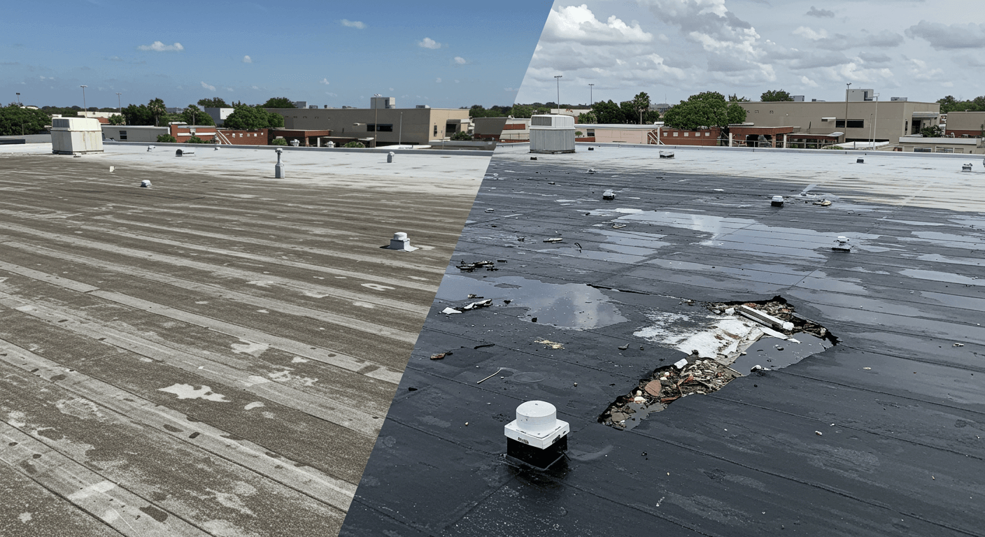 Before and after photos showing storm damage on a Tampa commercial roof