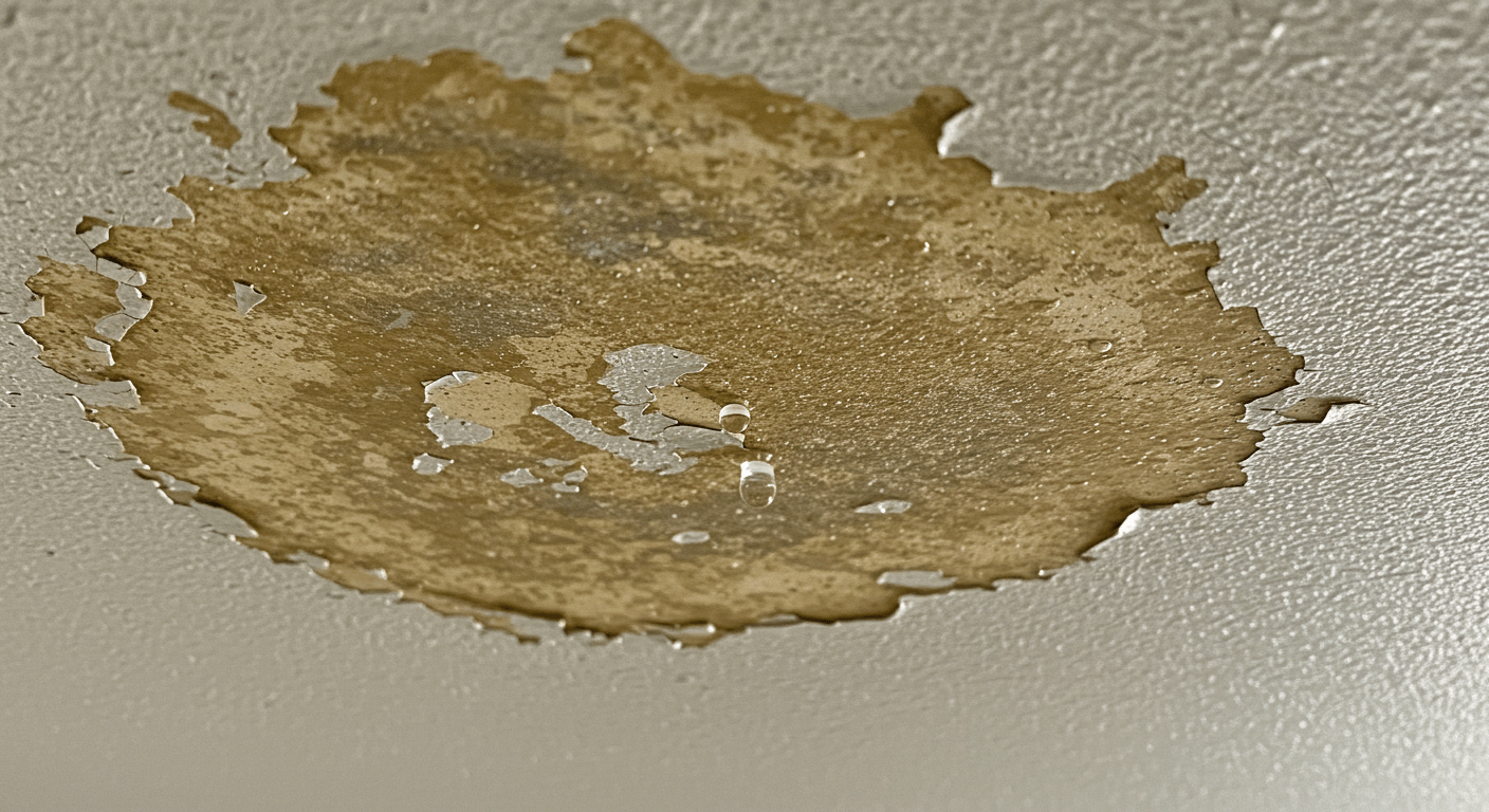 Ceiling stain, a clear roof repair sign indicating water damage inside a Tampa building.