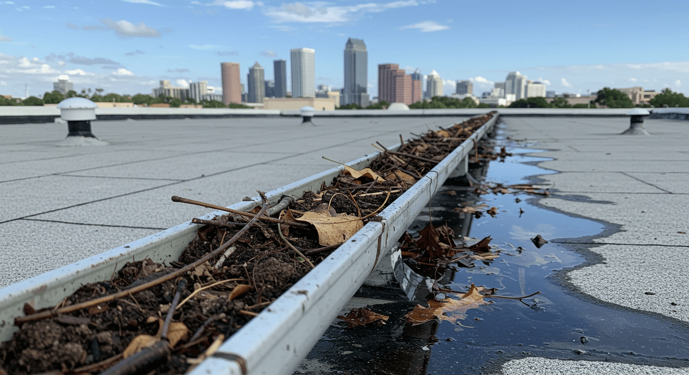 Clogged gutter with debris on a Tampa commercial roof before hurricane season