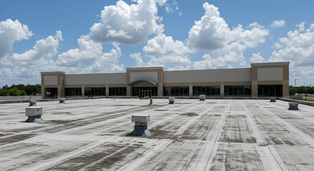Commercial roof in Tampa facing harsh Florida weather. Looks for roof repair signs.
