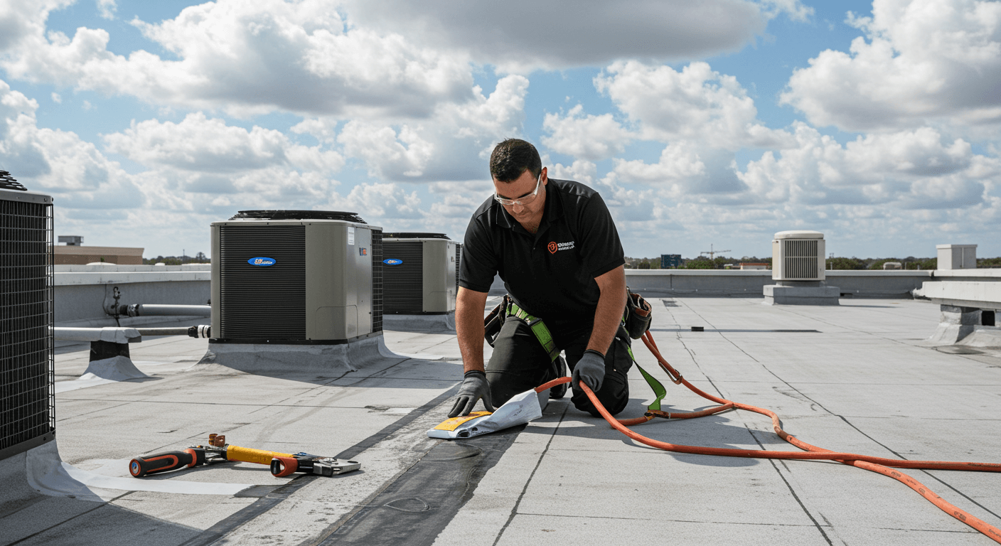 Commercial roofer inspecting membrane roof for storm readiness in Tampa
