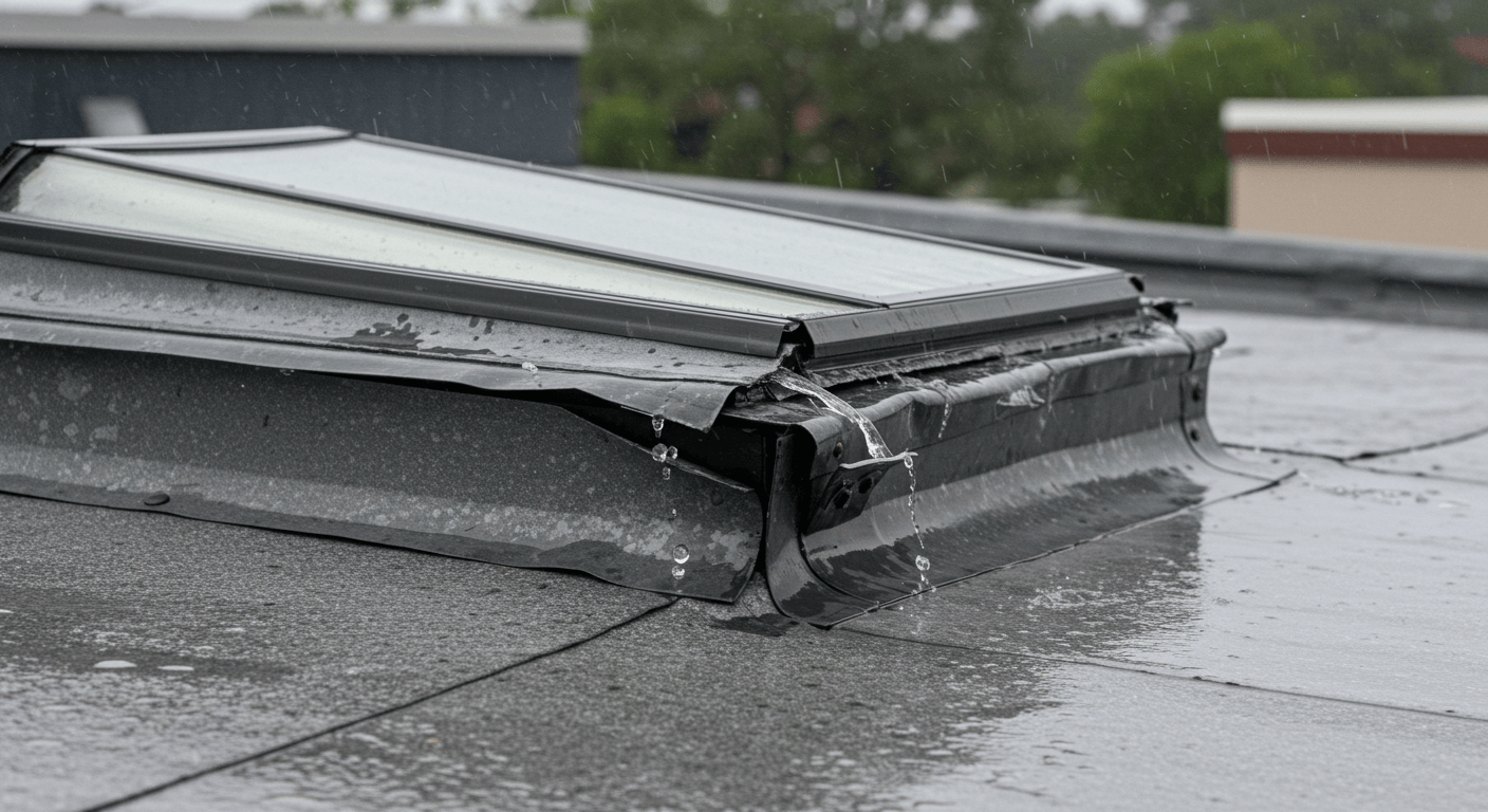 Damaged roof flashing around skylight on a commercial building in Tampa