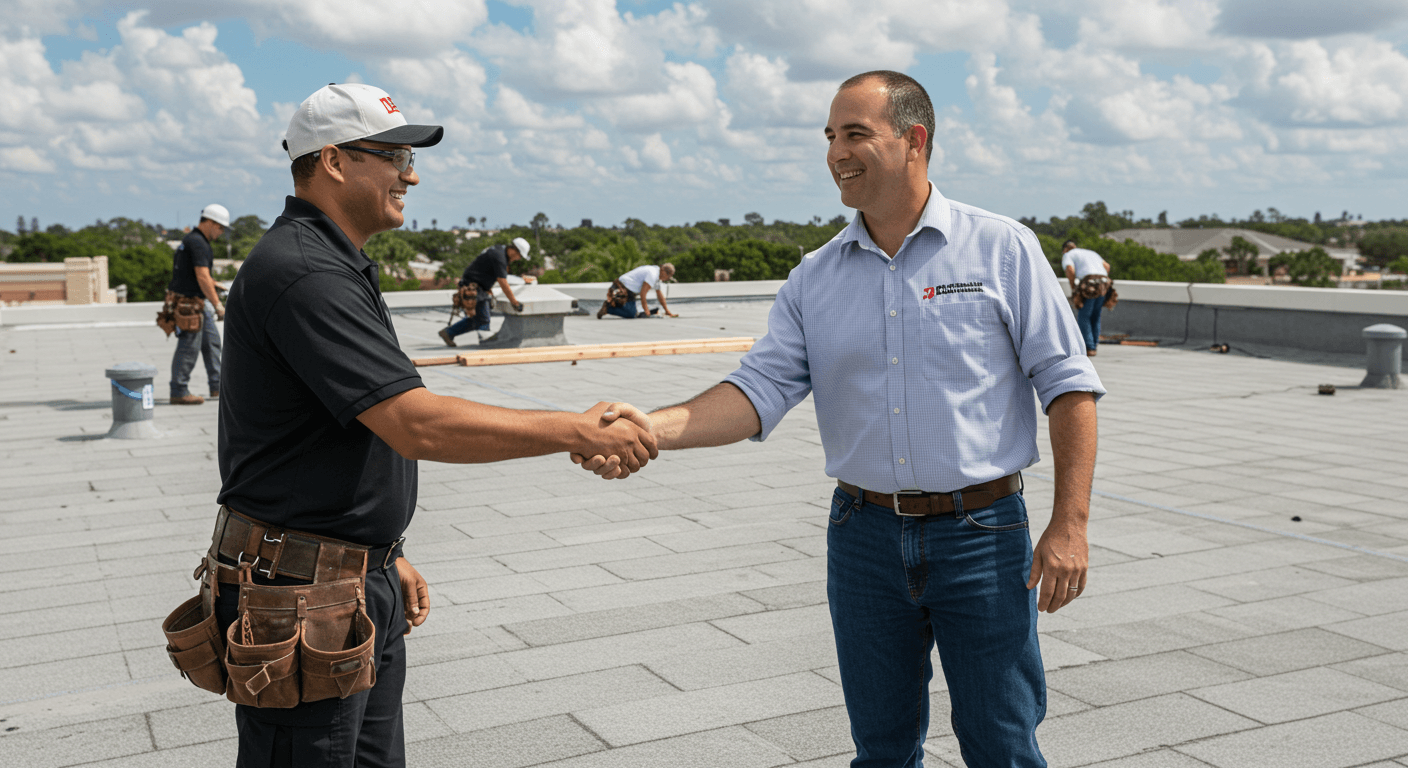 Professional Tampa commercial roofing contractor shaking hands with business owner on a completed roof.