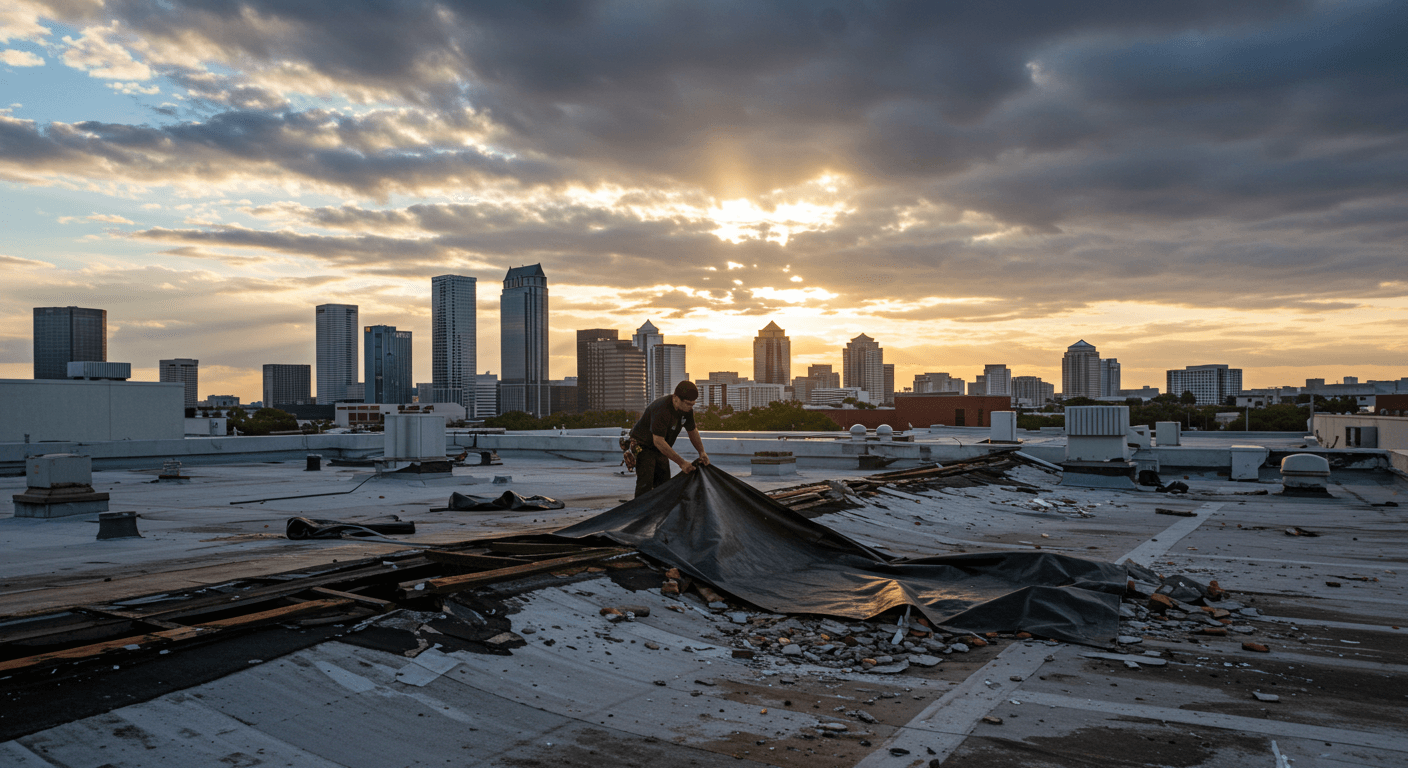 Roofer securing a Tampa commercial roof after storm damage with a tarp
