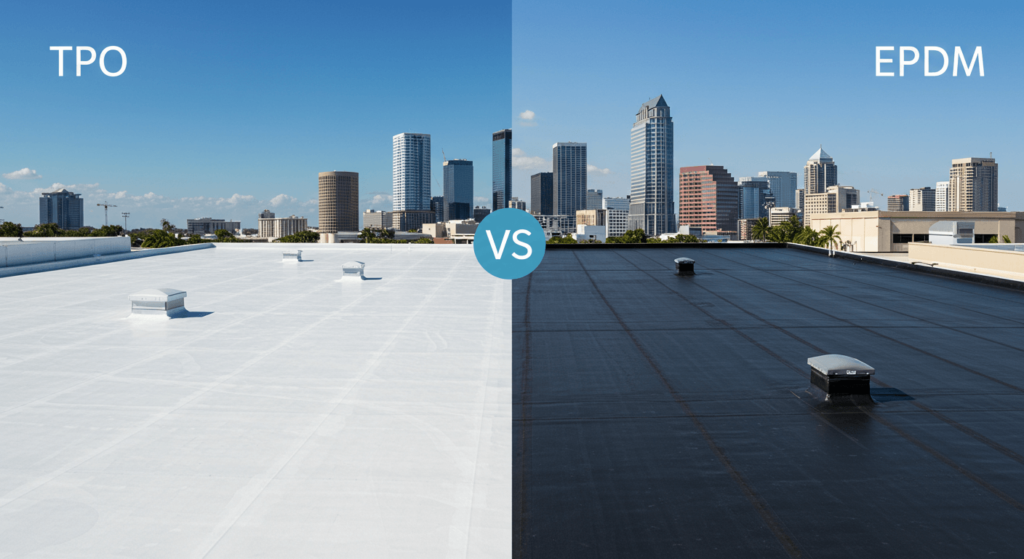 TPO vs EPDM roofing materials comparison for Tampa commercial buildings.