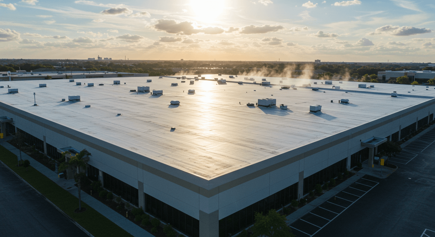 White TPO roofing reflecting sun on a Tampa commercial building. Cool roof systems Florida.