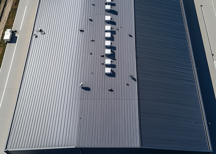 Completed roofing project on a commercial property in the city.